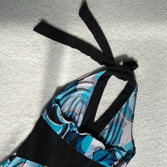 Women's Colorblock Geometric Turquoise, Black, and Tan Halter Top Dress M - Picture 10 of 15